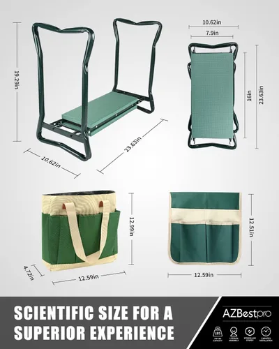 Miniatura 2 de AZBESTPRO Taburete de jardín y rodillera, banco de jardinería plegable con bolsa de herramientas, EVA y guantes de jardín, rodillero de jardín