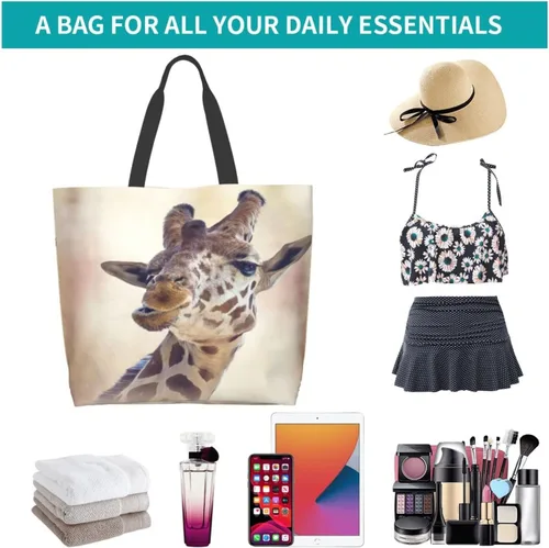 Miniatura 8 de Bolso de hombro para mujer, divertido bolso de viaje con cara de jirafa, bolsa de almacenamiento reutilizable con asa