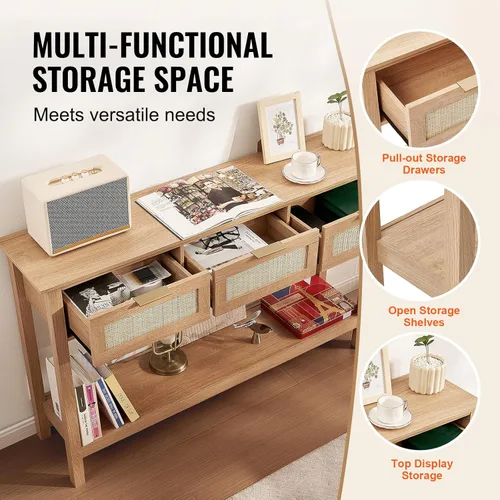 Miniatura 4 de Mesa consola de ratán VEVOR, mesa de entrada con 3 cajones de almacenamiento, mesa de pasillo con puerta corrediza de ratán natural, mesa consola