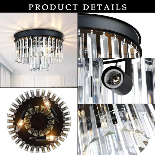 Miniatura 5 de MEXO Lámpara de techo de cristal empotrada con acabado negro, lámpara de cristal de 2 niveles para sala de estar, dormitorio, comedor, pasillo