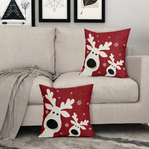 Miniatura 8 de Juego de 2 fundas de almohada de Navidad con ciervos de 18 x 18 pulgadas, diseño de reno rojo con copos de nieve y renos, para decoración del hogar
