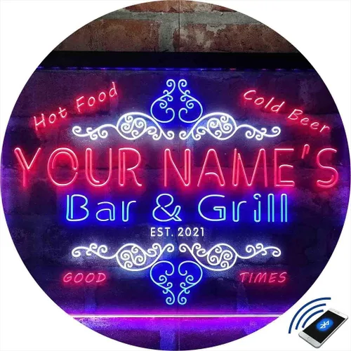 Miniatura 3 de Letrero de luz de neón LED tricolor personalizado para bar y parrilla, nombre personalizado, fecha, texto, cita, fuente blanco, azul y rojo, 17.7 x