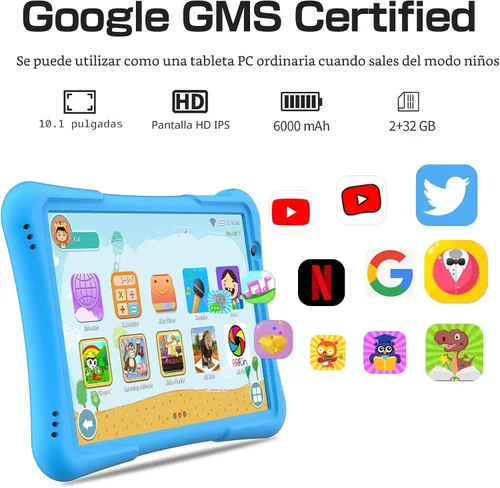 Miniatura 3 de PRITOM Tableta para niños de 10 pulgadas Android 14, 32GB, Quad-Core, 6000mAh, pantalla IPS HD grande, WiFi 6, cámara dual, Bluetooth, Tableta