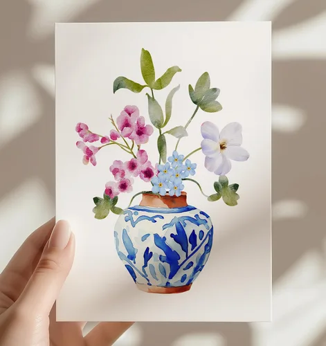 Miniatura 3 de Tarjetas de felicitación de jarrones de jengibre con flores - Juego de 10 tarjetas de nota de 5x7 para todas las ocasiones con sobres. En blanco por