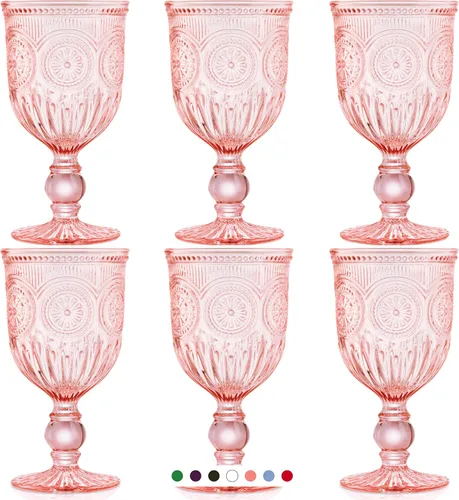 Miniatura 2 de Paquete de cristalería rosa, colección de cristalería vintage para fiesta, juego de copas de vino rosadas y 6 vasos altos rosados, vasos rosados a