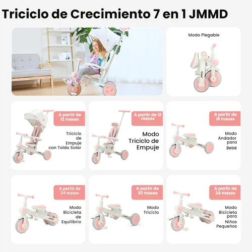 Miniatura 2 de JMMD - Triciclo para bebé 7 en 1 plegable con mango ajustable para padres, arnés de seguridad y frenos de rueda, toldo extraíble, triciclo de paseo