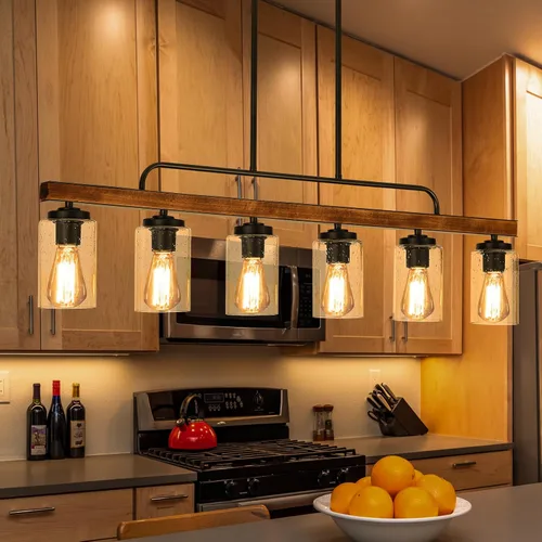Miniatura 8 de Lámpara de Comedor Estilo Granja Sobre Mesa, Iluminación de Isla de Cocina de Madera Negra de 4 Luces con Vidrio Blanco Leche, Luces Colgantes