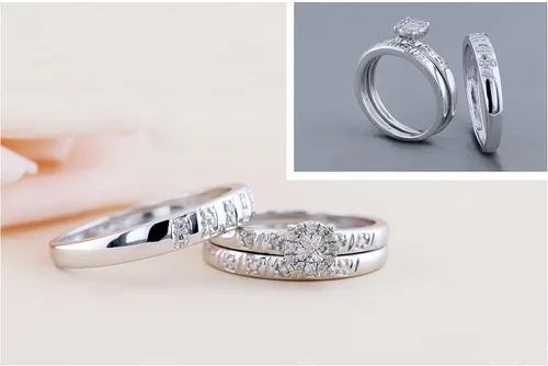 Miniatura 2 de Dazzlingrock Collection Round White Diamond Halo Illusion Wedding Trio Ring Set For Men Women 010 ctw Color I-J Clarity I2-I3 in 925 Sterling Silver