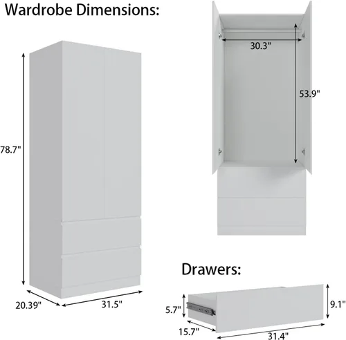 Miniatura 2 de Bobve Armario Ropero Closet de 78.74 pulgadas con 2 Puertas y 2 Cajones, Armario de Dormitorio con Barra para Colgar, Gabinete de Almacenamiento