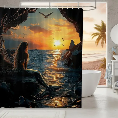 Castle Fairy Cortinas de ducha impermeables 3D de sirena de ensueño, tela de paisaje, cortina de ducha de baño, diseño de mar, miau, pájaros,