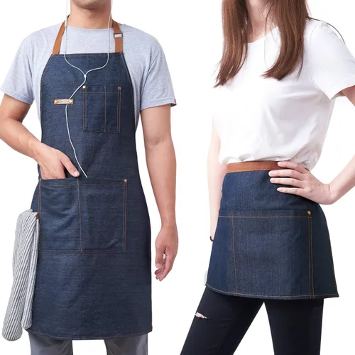 Miniatura 6 de KPD Delantal de mezclilla con bolsillos, ajustable azul para cocina, barbacoa y jardín, delantal de trabajo para hombres y mujeres