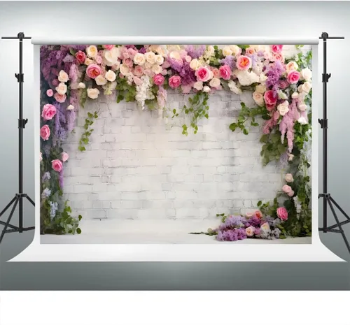 Miniatura 3 de YongFoto Fondo de pared de ladrillo blanco retro con arco floral de 5 x 3 pies, flores de rosa, hojas de enredadera, fondo de fotografía