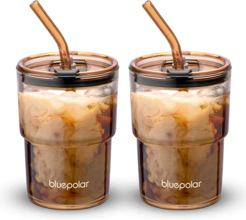 BLUEPOLAR - Vaso de agua de vidrio de 13 oz/400 ml con popote y tapa, de pared gruesa, taza de café helado portátil sellada, vaso de vidrio para