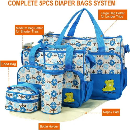 Miniatura 4 de TeqHome Juego de 5 bolsas de pañales, bolsa grande para mamá con cambiador de pañales portátil, funda para chupete, bolsas de viaje para bebé