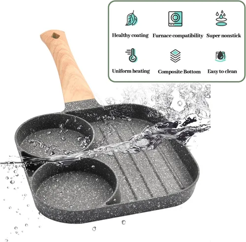 Miniatura 7 de JUSTUP Sartén antiadherente para huevos, mini sartén antiadherente 3 en 1, sartén dividida, mango resistente al calor, sartén de 3 secciones, mini