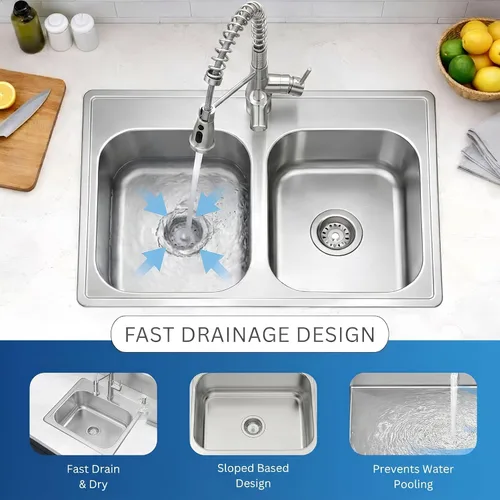 Miniatura 6 de Zuhnë Fortuna 33 - Fregadero de cocina con caída en el fregadero, cuenco doble de 33 x 19 x 8 pulgadas, acero inoxidable T304 18/10, acabado