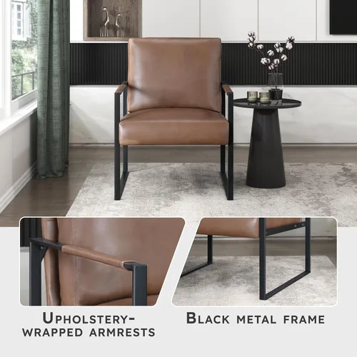 Miniatura 3 de Lexicon Silla decorativa moderna, tapizada de piel sintética con reposabrazos envueltos, sillón con marco de metal negro, cómoda silla individual