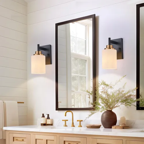 Miniatura 2 de Apliques de pared para baño negros y dorados, juego de 2 1 luz, 4.375 pulgadas de ancho, lámpara de tocador de vidrio blanco - Montaje de pared