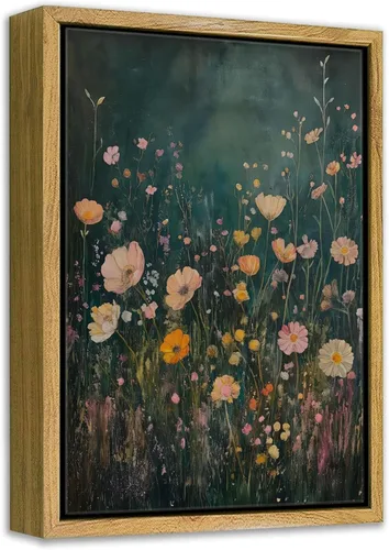 Arte de pared enmarcado de flores silvestres oscuras, arte vintage botánico de flores silvestres con estampado floral, paisaje natural, imagen