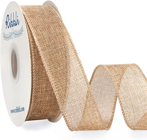 Miniatura 23 de Ribbli Cinta de arpillera natural con alambre, 1 pulgada x 20 yardas continuas, cinta de borde con alambre para coronas, lazos grandes, decoración