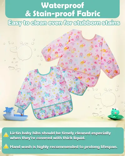 Miniatura 3 de Lictin Paquete de 3 Baberos para Bebé, Babero de Manga Larga Lindo, Baberos Impermeables para Niños Pequeños, Babero Ajustable con Cierre para Bebé