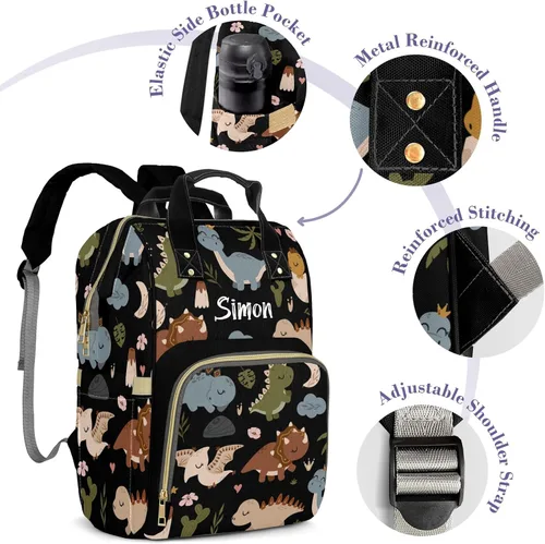 Miniatura 5 de Linda bolsa de pañales personalizada de dinosaurio tropical de gran capacidad para bebé, niño y niña, impermeable, con nombre personalizado, mochila