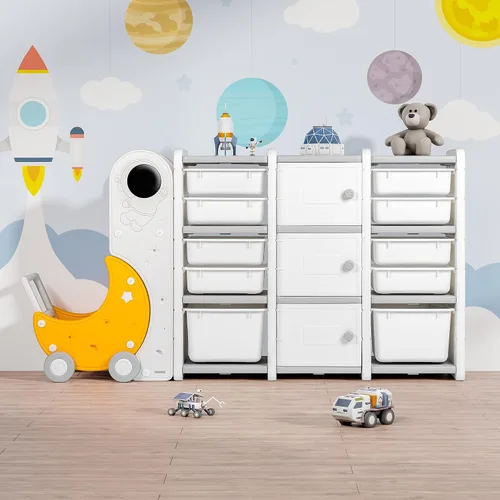 duke baby Organizador de almacenamiento de juguetes de 3 capas para niños con 10 contenedores de almacenamiento, 3 gabinetes de juguetes con