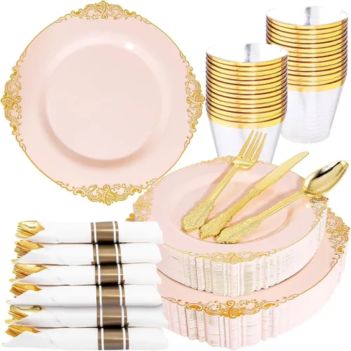 Miniatura 11 de Nervure 175 platos de plástico dorado transparente, platos desechables dorados para fiestas y servilletas preenrolladas con cubiertos para 25 Claro