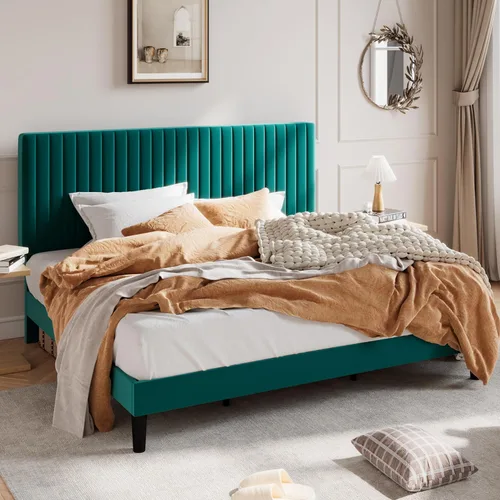 Miniatura 20 de SHA CERLIN - Base de cama tamaño Queen tapizada con plataforma y cabecera acolchada de terciopelo con canales verticales ajustables, soporte
