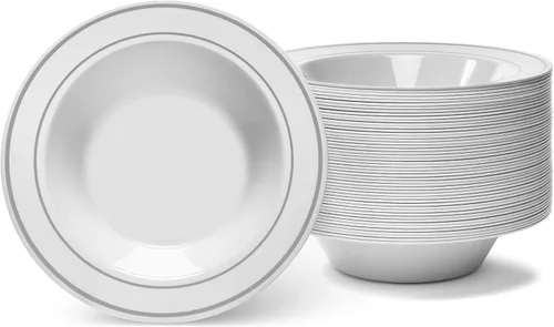 Cuencos blancos con borde plateado, 12 onzas, 50 unidades, plástico duro, desechables o reutilizables, cuencos de postre, ensalada, cereales, pasta,