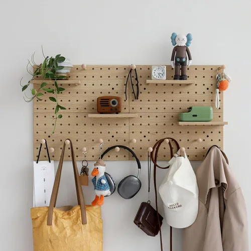 Miniatura 16 de Tablero de Clavijas de Madera Modular para Exhibición Organización Almacenamiento Ganchos de Pared Estante (Color: Roble)