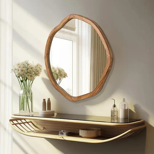 Miniatura 3 de ULIKE Espejo redondo de madera, espejo de pared circular irregular de 24 pulgadas con marco de madera, soporte de pared decorativo rústico