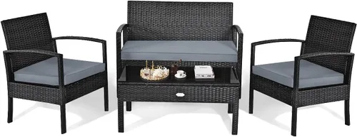 Miniatura 9 de Juego de 4 muebles de patio para exteriores, juego de sofá de mimbre con cojín gris resistente al agua y mesa de vidrio templado para patio trasero