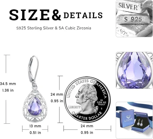 Miniatura 326 de Aretes colgantes de plata de ley con diseño de árbol de la vida, flor, abeja, animales, gato, colibrí, piedra lunar, turquesa, aretes con cierre
