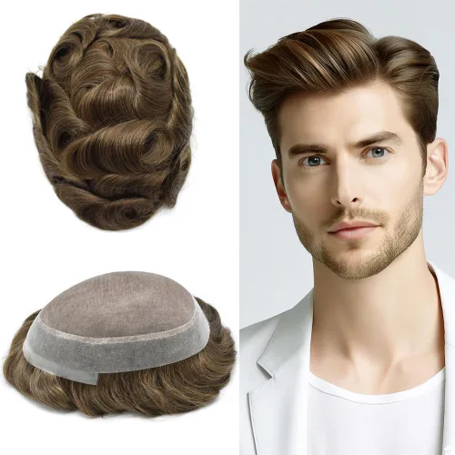 Miniatura 31 de Tupé para hombres, piezas de cabello humano real, sistema de unidades de cabello natural, línea capilar natural, pieza de repuesto para hombres