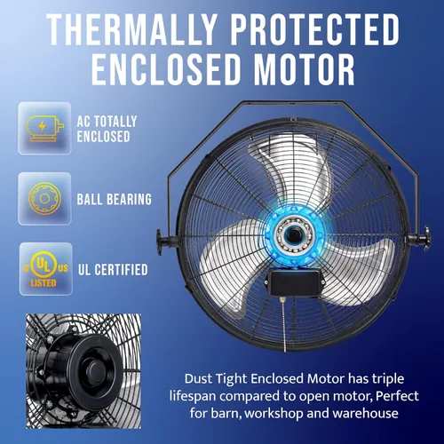 Miniatura 5 de Tornado - Ventilador de pared industrial de alta velocidad de 18 pulgadas con motor de carcasa TEAO - 4000 CFM - 3 velocidades - Cable de 6.5 pies