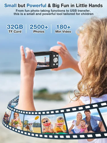 Miniatura 6 de Cámara digital, FHD 1080P para niños, cámara digital de 44 MP para apuntar y disparar con tarjeta de 32 GB, zoom de 16X, antivibración, sello