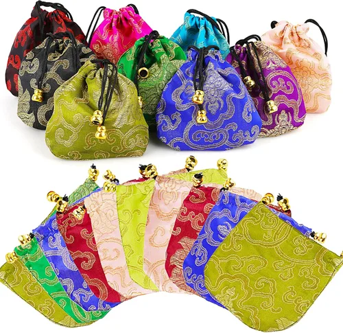 Bolsa de joyería con cordón bordado brocado de seda, bolsas de regalo, cestas con cordón (color al azar)