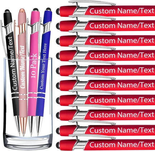 Miniatura 48 de Bolígrafos personalizados con nombre, paquete de 10 bolígrafos personalizados a granel, bolígrafo de tinta negra grabada con punta de lápiz óptico