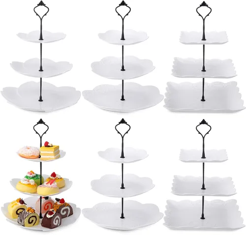 Sawysine Paquete de 6 bandejas para servir de 3 niveles, torre de servicio de 3 niveles, soporte de postre a granel, bandeja de plástico grueso