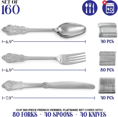Miniatura 2 de Juego de cubiertos de plástico plateado de 160 piezas, 80 tenedores, 40 cucharas, 40 cuchillos, utensilios desechables resistentes, cubiertos