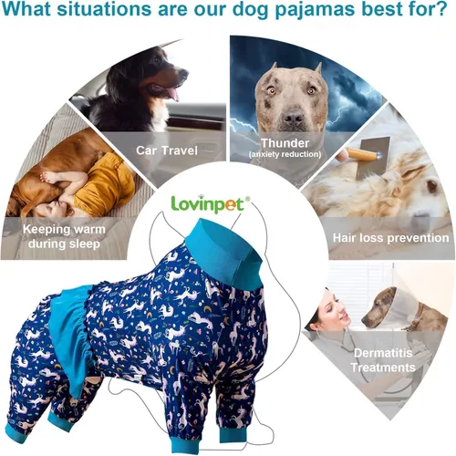 Miniatura 4 de LovinPet Pijamas grandes para perros - Camisa de unicornio para perro, mono de recuperación posoperatoria, impresión de sirenas y unicornios Rosa