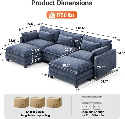Miniatura 2 de Pipishell 110.6" U-Shaped Modular Sectional Sofa, 5-Seat Modern Chenille Deep Seat Comfy Cloud Couch with 2 Movable Ottoman & Throw Pillows for