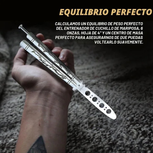 Miniatura 5 de Vornnex, cuchillo mariposa de práctica, hoja desafilada de acero inoxidable para entrenamiento, dragón negro (plateado)