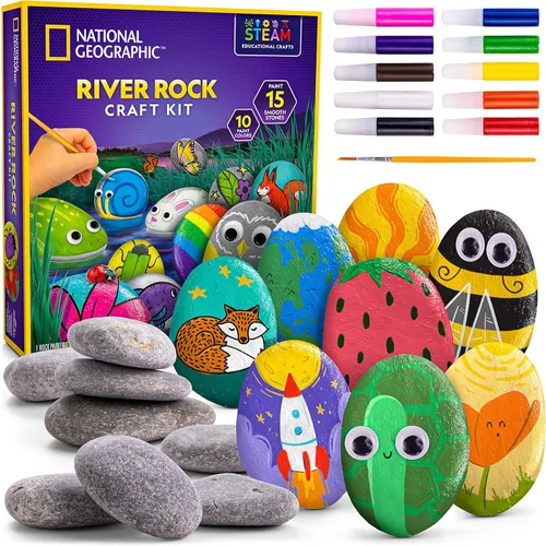 NATIONAL GEOGRAPHIC - Kit de pintura de roca – Kit de arte y manualidades para niños, pintar y decorar 15 rocas de río con 10 colores de pintura y