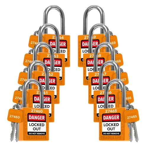 Miniatura 27 de TRADESAFE Juego de cerraduras de bloqueo - 7 cerraduras de loto rojas, cerraduras de bloqueo con llave diferente, 1 llave por cerradura, candados
