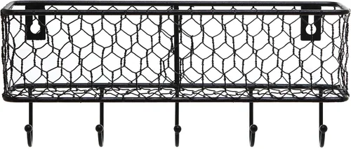 Miniatura 5 de MyGift Soporte de metal montado en la pared y organizador de llaves con 5 ganchos, cesta de almacenamiento decorativa y ganchos para colgar llaves