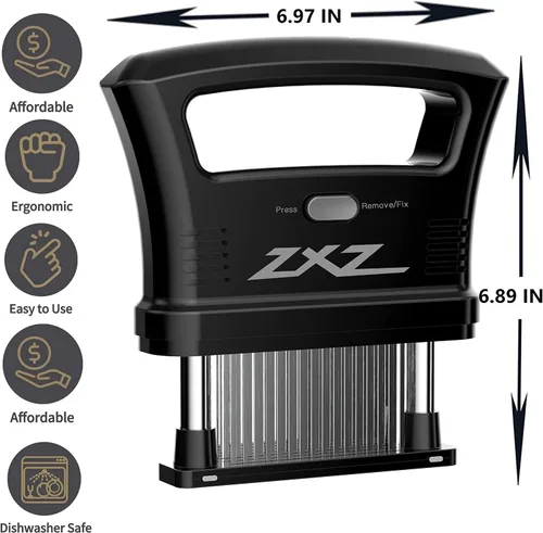 Miniatura 2 de ZXZ Ablandador de carne fácil de sostener con mango grande Cuchillas desmontables de 48 acero inoxidable Fácil de usar y limpiar (Negro)