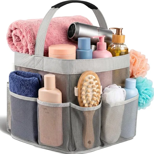 Miniatura 8 de Masirs – Organizador de ducha de malla con 9 bolsillos, bolsa portátil para baño para viajes, gimnasio y dormitorio - Bolsa de ducha pequeña