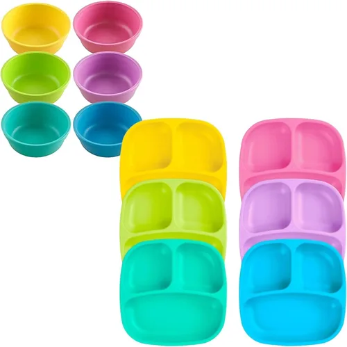 Miniatura 15 de Re-Play Juego de vajilla para niños pequeños, 3 platos divididos con 3 juegos de tenedores y cucharas, vajilla para niños sin BPA, apto